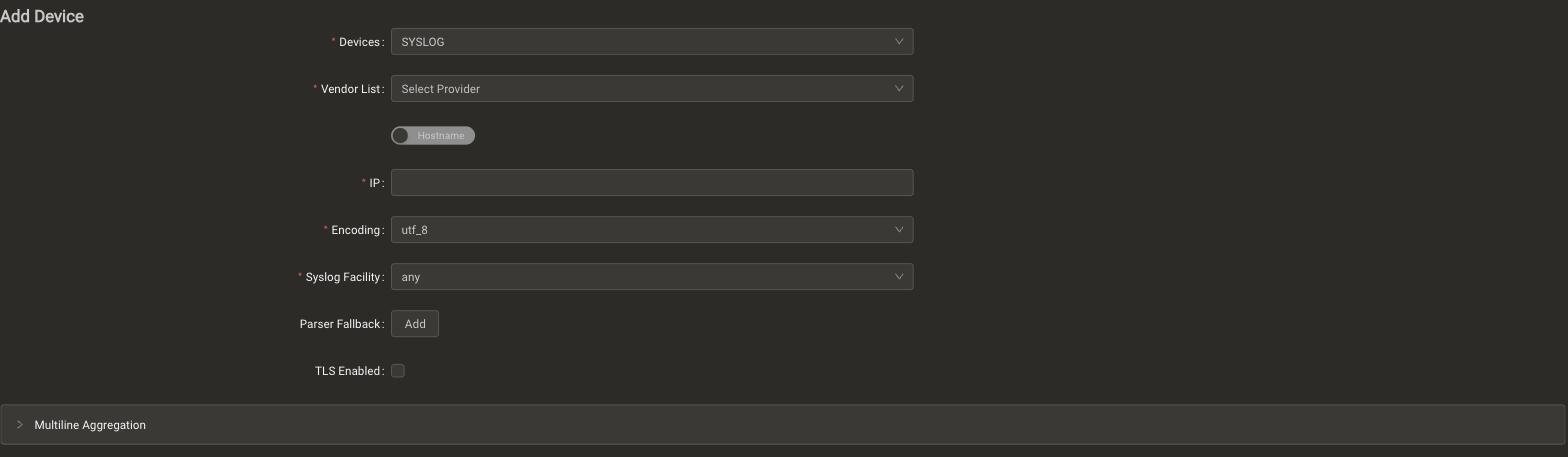 Multiline Aggregation panel in the syslog source form