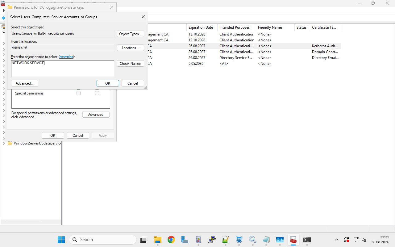 Adding NETWORK SERVICE to the private key permissions