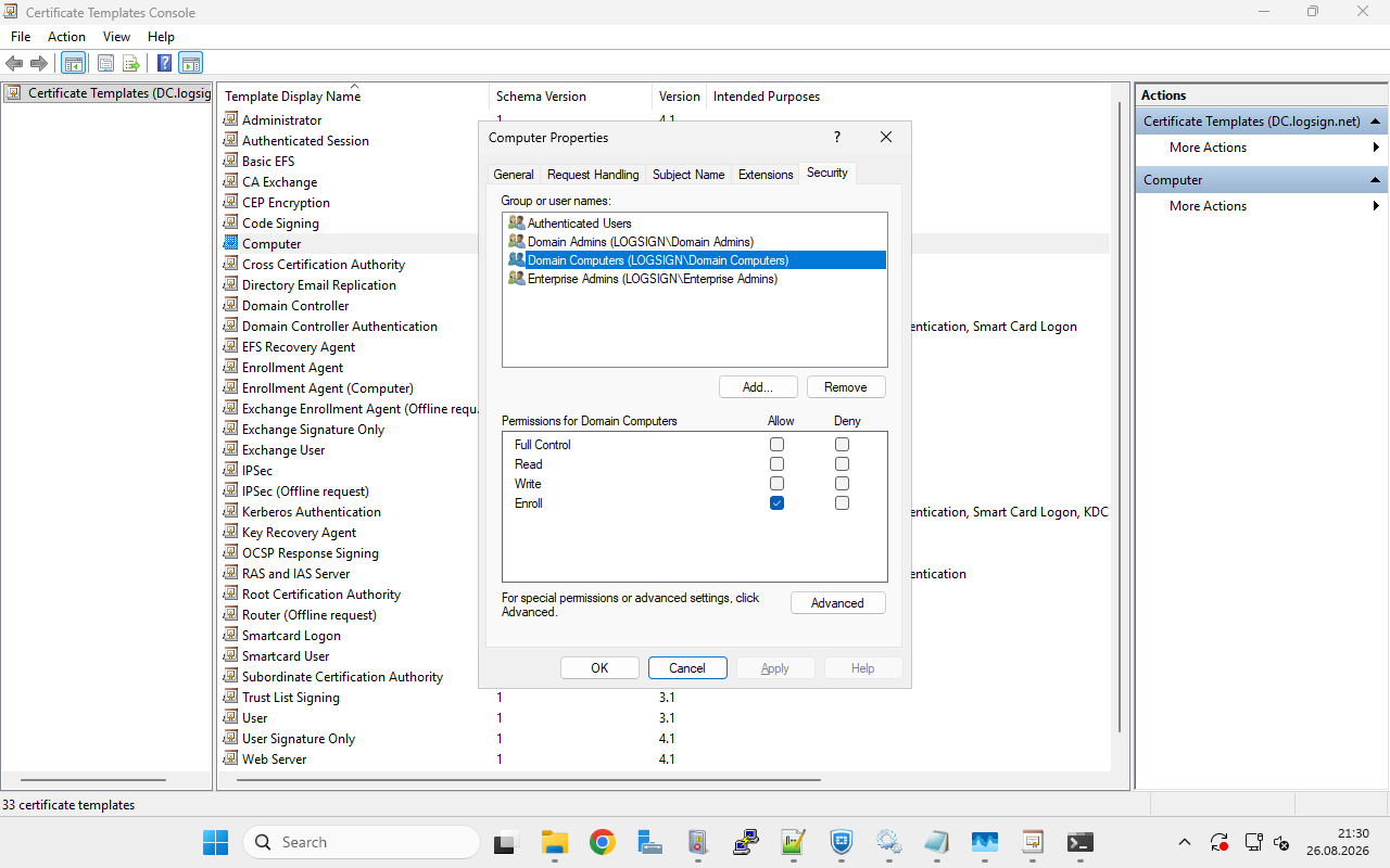 certtmpl.msc - Security tab of the Computer template
