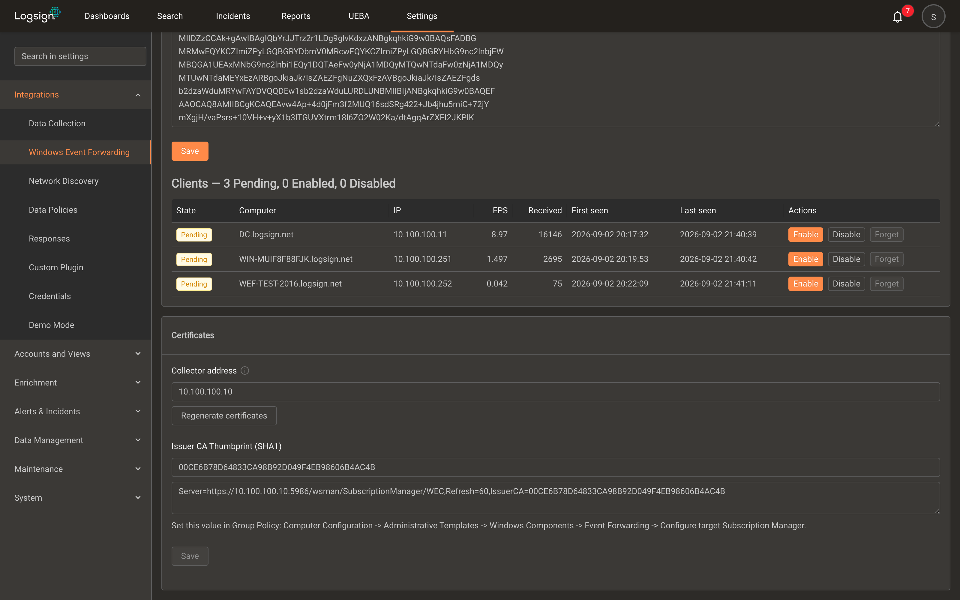 Definition form and pending clients in the Clients table