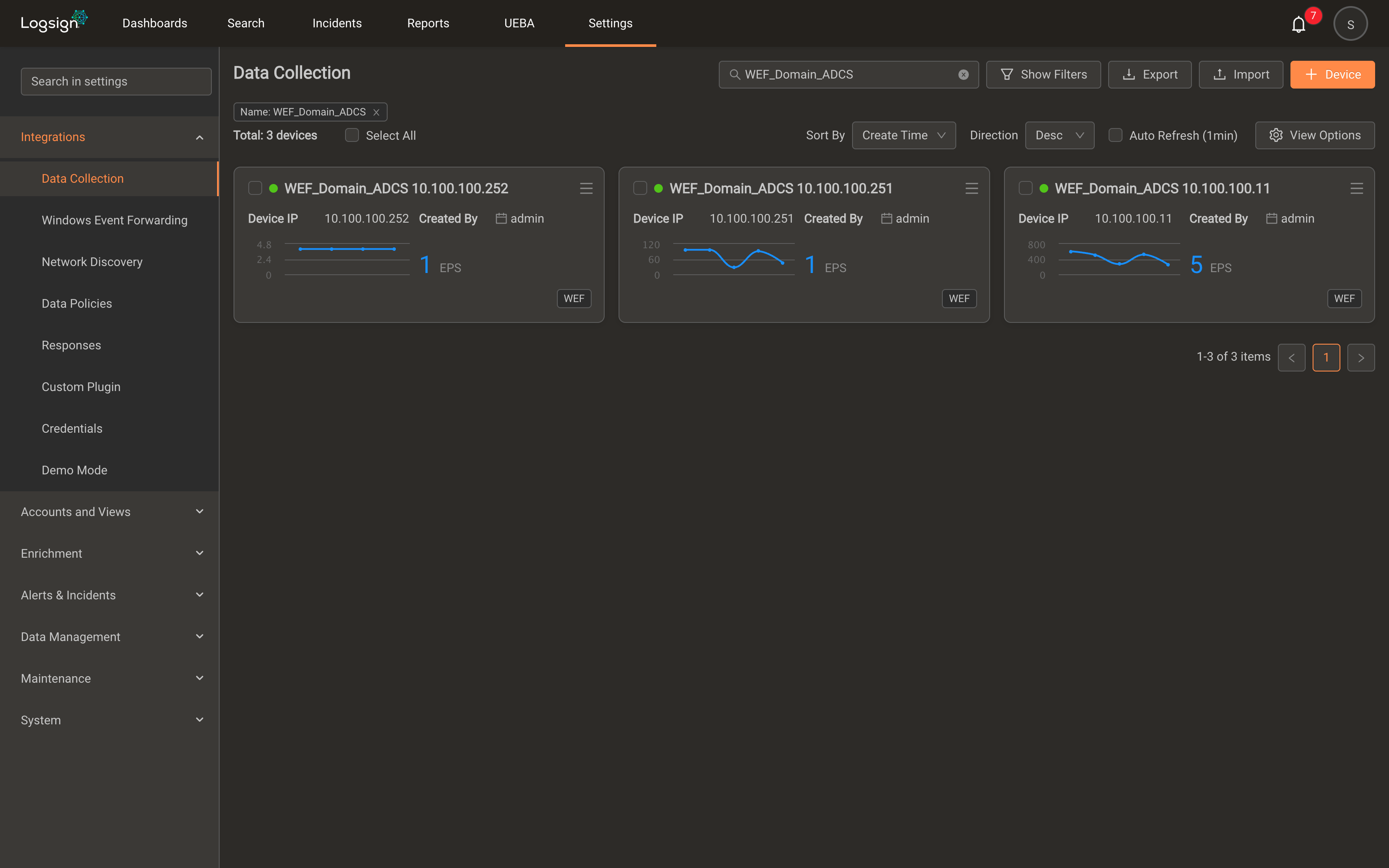 WEF client cards on the Data Collection page