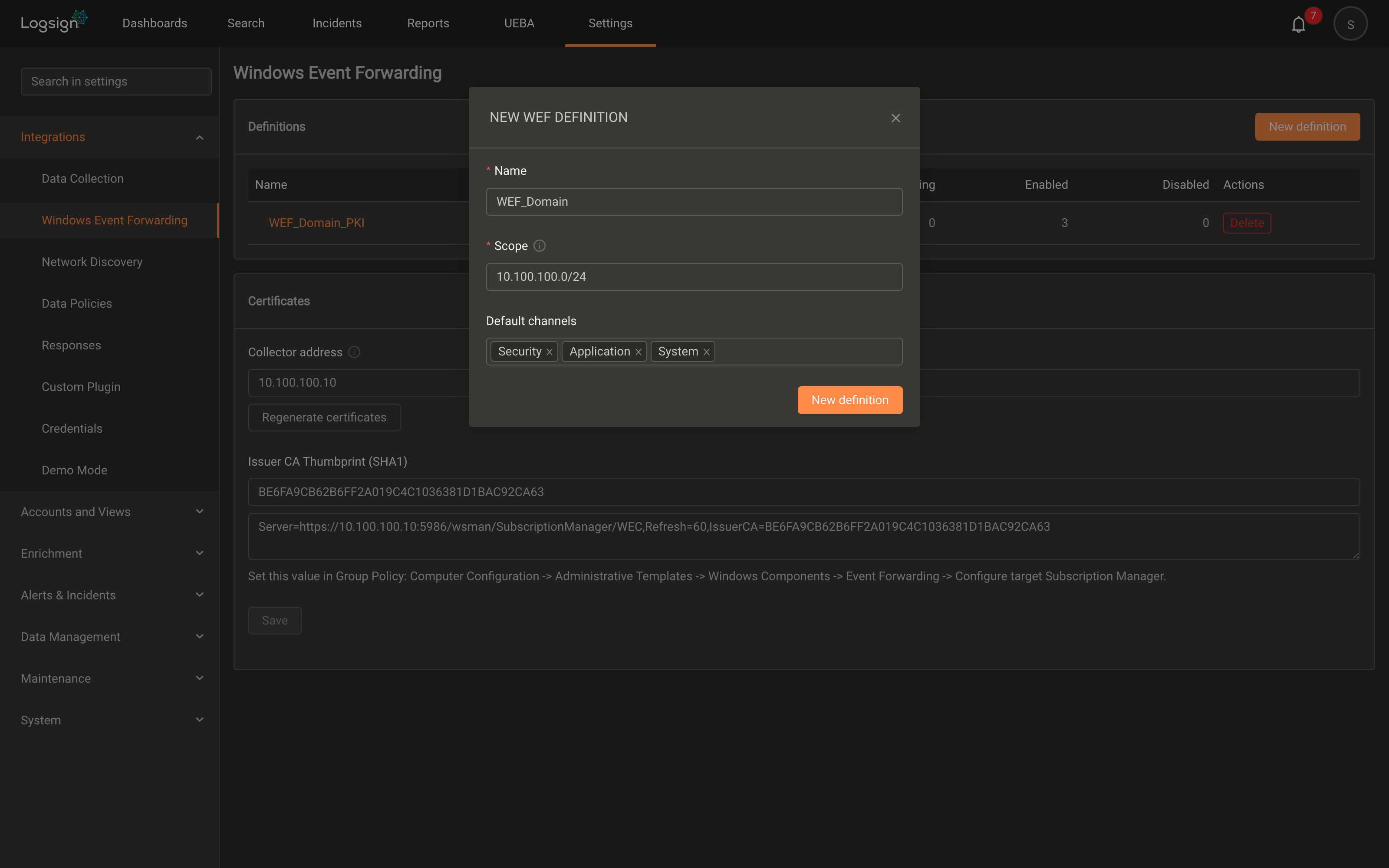 New definition dialog - Name, Scope, Default channels