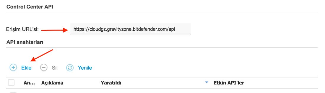 Control Center API section: Access URL and the Add button