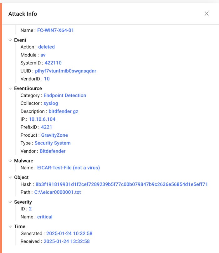 Attack Info in Logsign: Malware EICAR-Test-File, Vendor Bitdefender, Product GravityZone, PrefixID 4221