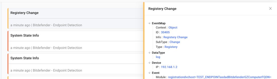 Test events in the Logsign event list, category Bitdefender - Endpoint Detection