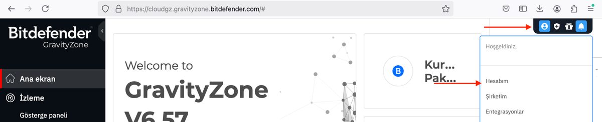 GravityZone upper-right user menu with the My Account option