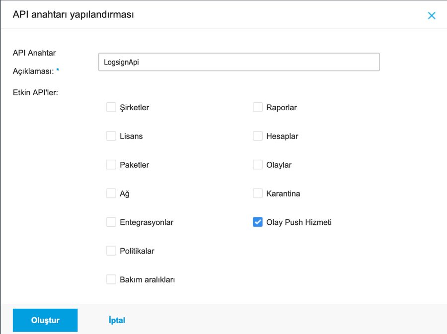 API key configuration with only Event Push Service enabled
