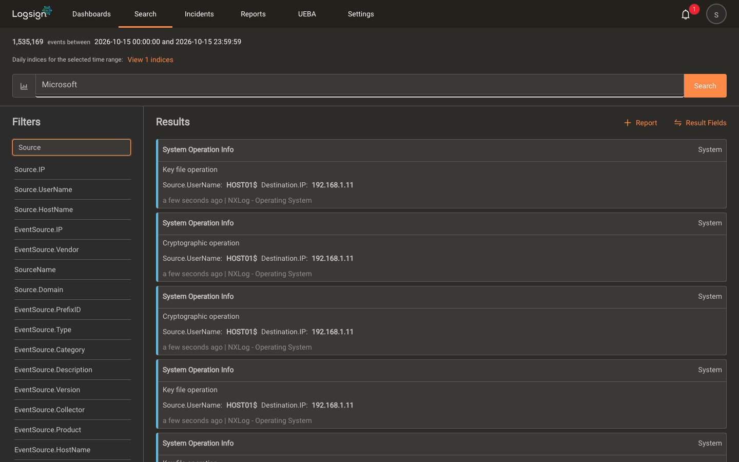 Filters panel showing Source fields after filtering